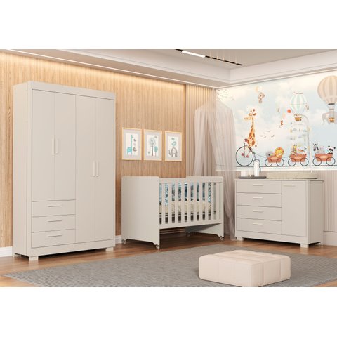 Quarto para Bebê Completo com Berço Evolution 4 em 1 Zaki Bege/Areia Fosco