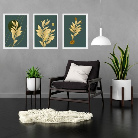 Kit 3 Quadros Folhas Verde Musgo com Dourado 33x24cm - com Vidro:moldura Branca