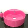 Cuba de louça redonda rosa com apoio para torneira - 2