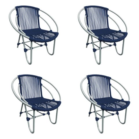 Kit 4 Cadeiras Decorativa Julia em Corda Náutica e Base em Alumínio Cinza/ Azul Marinho