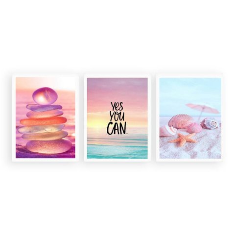 Kit 3 Quadros Zen Praia Candy Colors 33x24cm:Madeira preta