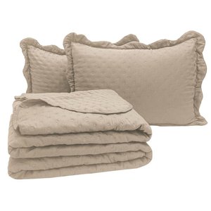 Kit Cobre Leito Colcha Perone King Dupla Face Toque de Pluma Micro Percal 300 Fios 3 Peças - Cáqui