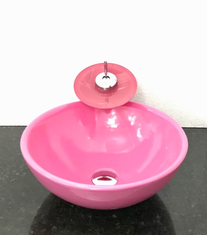 Kit com cuba louça redonda rosa,válvula,torneira,sifão - 1