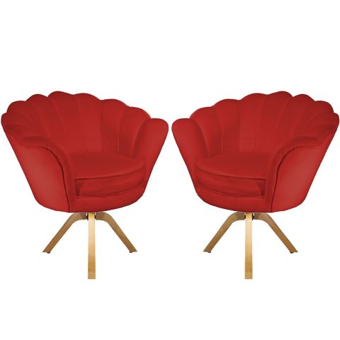 Kit 2 Poltronas Decorativa Pétala Base Giratória Madeira Couro Vermelho Mz Decor