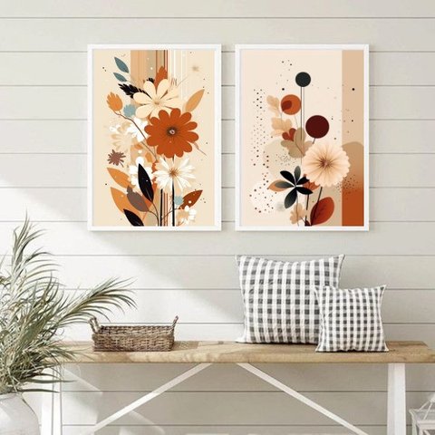 Kit 2 Quadros Decorativos Boho Flores Terracota 33x24cm:madeira Branca