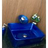 Kit com cuba louça retangular azul,válvula,torneira,sifão - 4