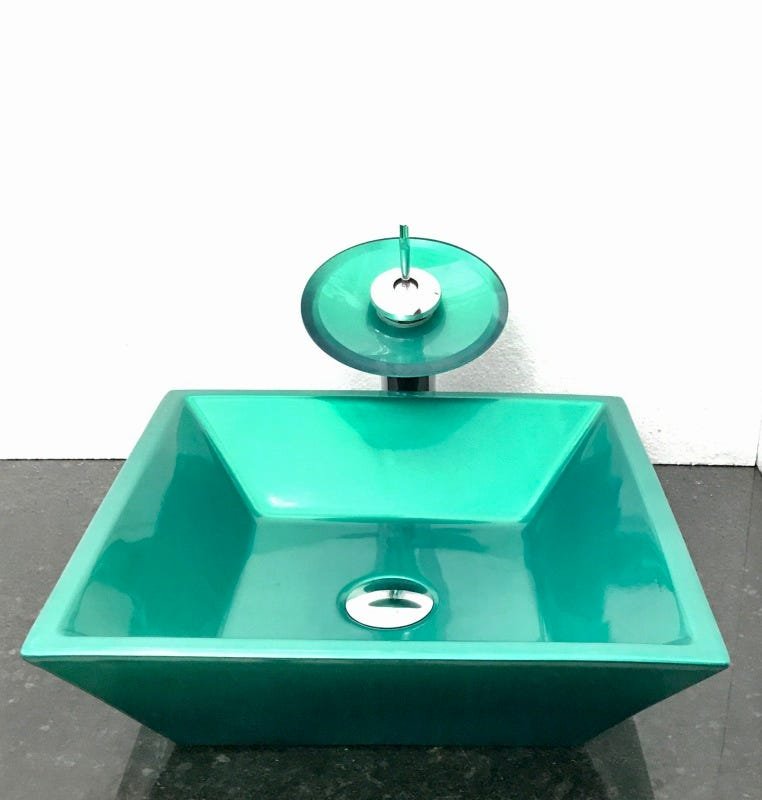 Kit com cuba louça quadrada verde,válvula,torneira,sifão - 1
