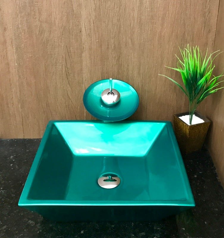 Kit com cuba louça quadrada verde,válvula,torneira,sifão - 6