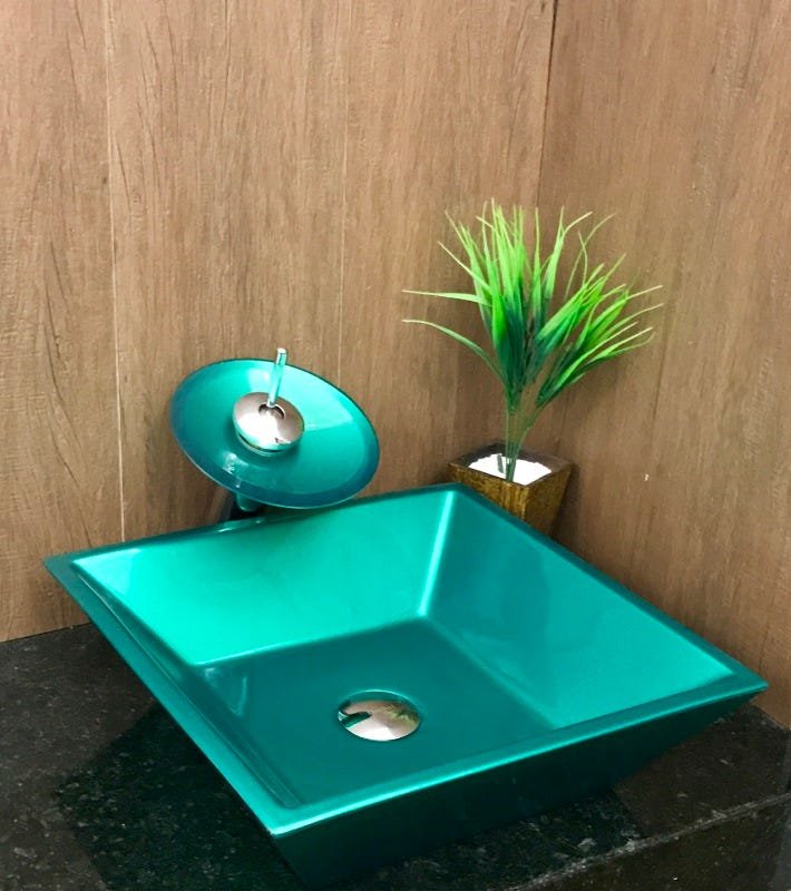 Kit com cuba louça quadrada verde,válvula,torneira,sifão - 2
