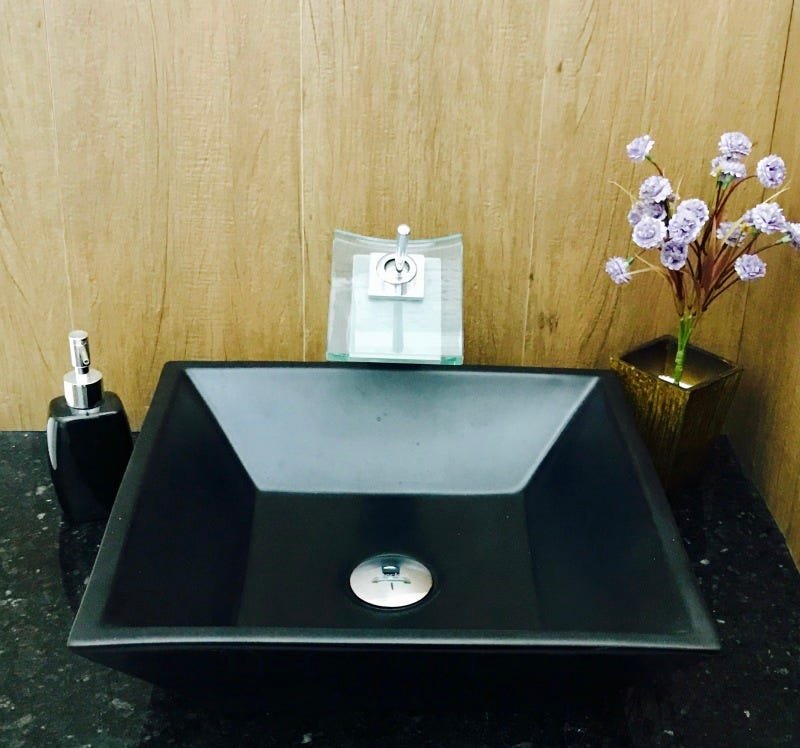 Kit com cuba louça preta quadrada,válvula,torneira,sifão - 4