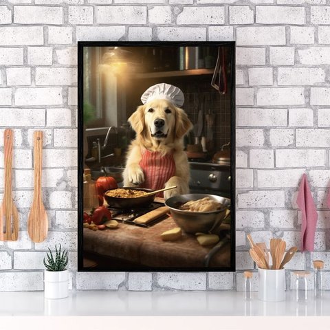 Quadro para Cozinha Cão Golden Retriever 24x18cm - com Vidro:madeira Branca