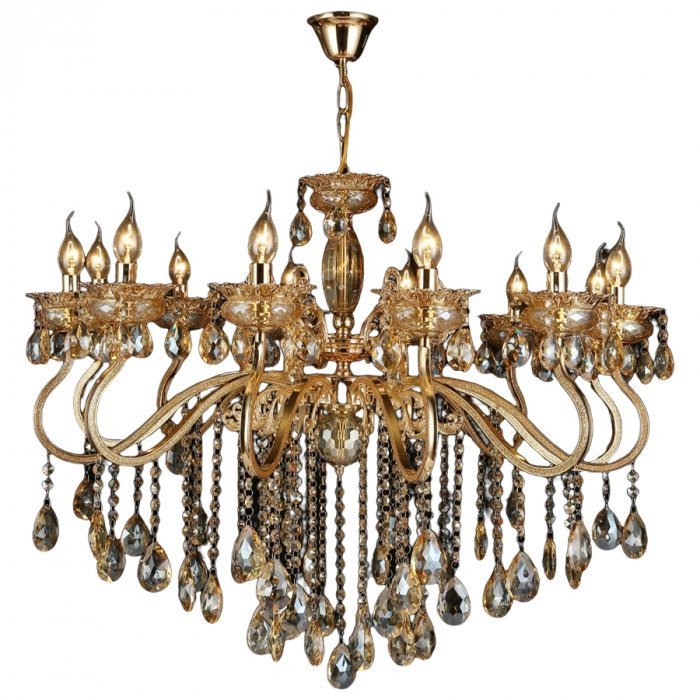 Lustre Pendente Cristal 12 Braços Ø100x100cm Metal Dourado 12xe14 - Sindora Iluminação Dcd00479-12