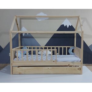 Bicama Solteirão Casinha Montessoriana Madeira Maciça Pinus - Verniz Incolor - Grade Vertical Comple