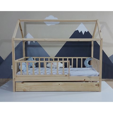 Bicama Solteirão Casinha Montessoriana Madeira Maciça Pinus - Verniz Incolor - Grade Vertical Comple