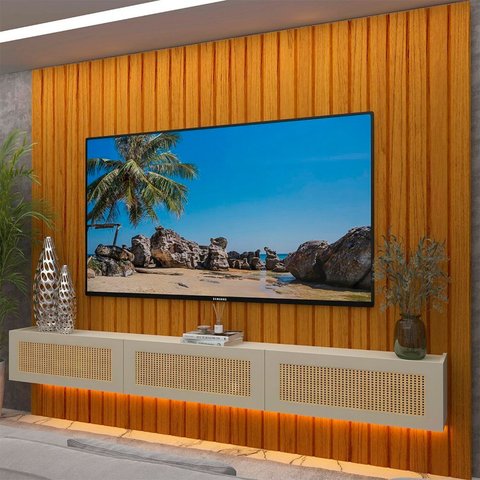 Estante para TV e Home Theater até 84 Polegadas MDF 230cmx250cm Ripada com Led Majestade Native Bege Naturale/Off White/Creme