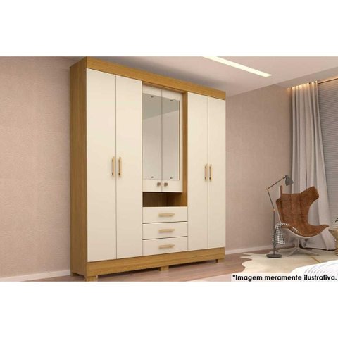 Guarda Roupa Casal 6 Portas (2 C/ Espelho) e 3 Gavetas Débora Cinamomo/off White - Acp