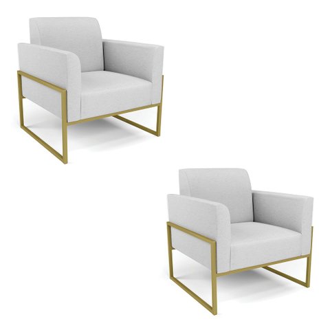 Kit 2 Poltronas Base Industrial Alta Dourado Marisa Linho Cinza A05 D03 - D’Rossi