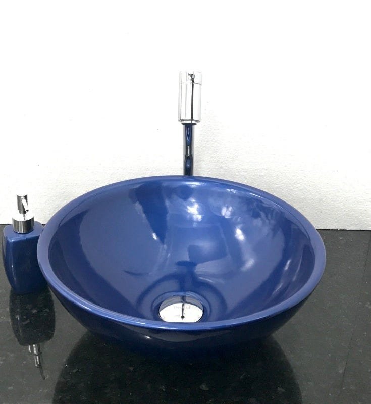 Kit com cuba louça redonda azul,válvula,torneira,sifão e sab - 1