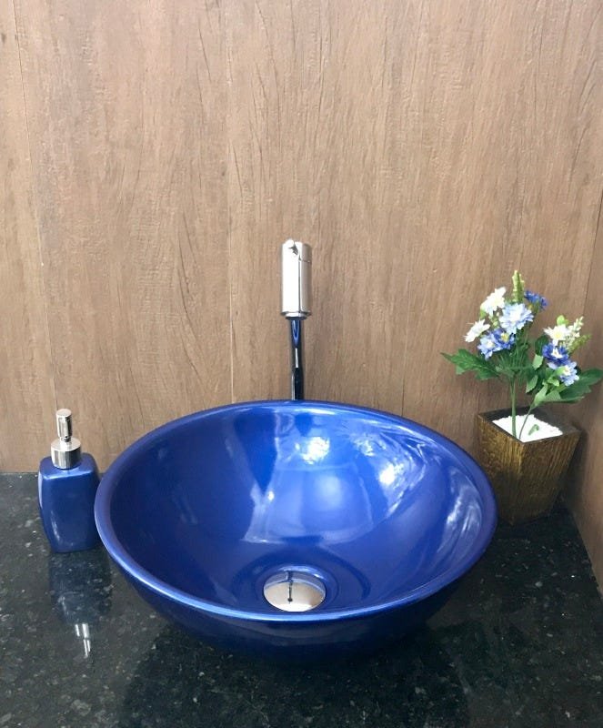 Kit com cuba louça redonda azul,válvula,torneira,sifão e sab - 6