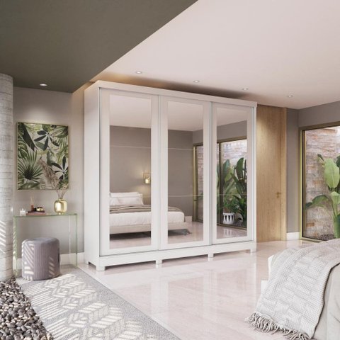 Guarda-roupa Casal 100% Mdf Kappesberg 3 Portas de Correr com Espelhos 8 Gavetas Branco