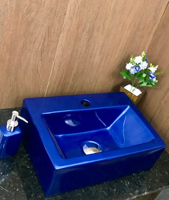Cuba de louça retangular azul de sobrepor com apoio - 5