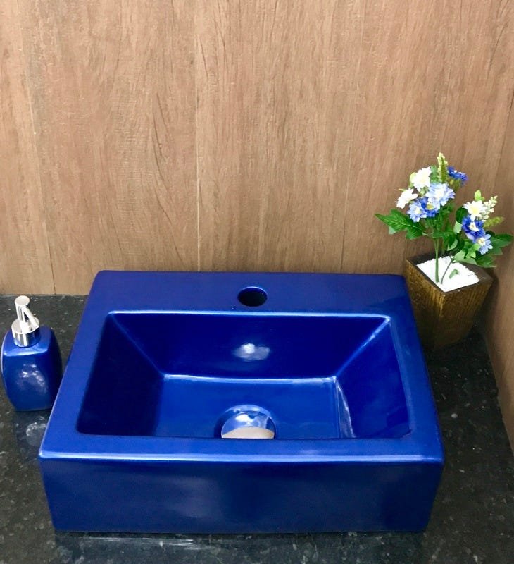 Cuba de louça retangular azul de sobrepor com apoio - 6