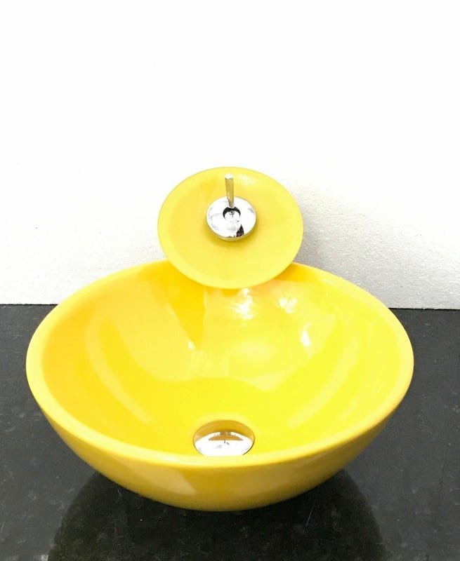 Kit cuba louça amarela redonda,válvula e torneira cascata - 1