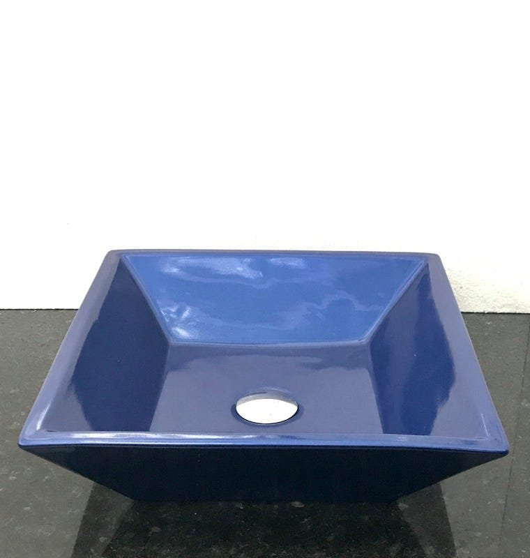 Cuba de louça quadrada de sobrepor azul 41 x 12cm - 1