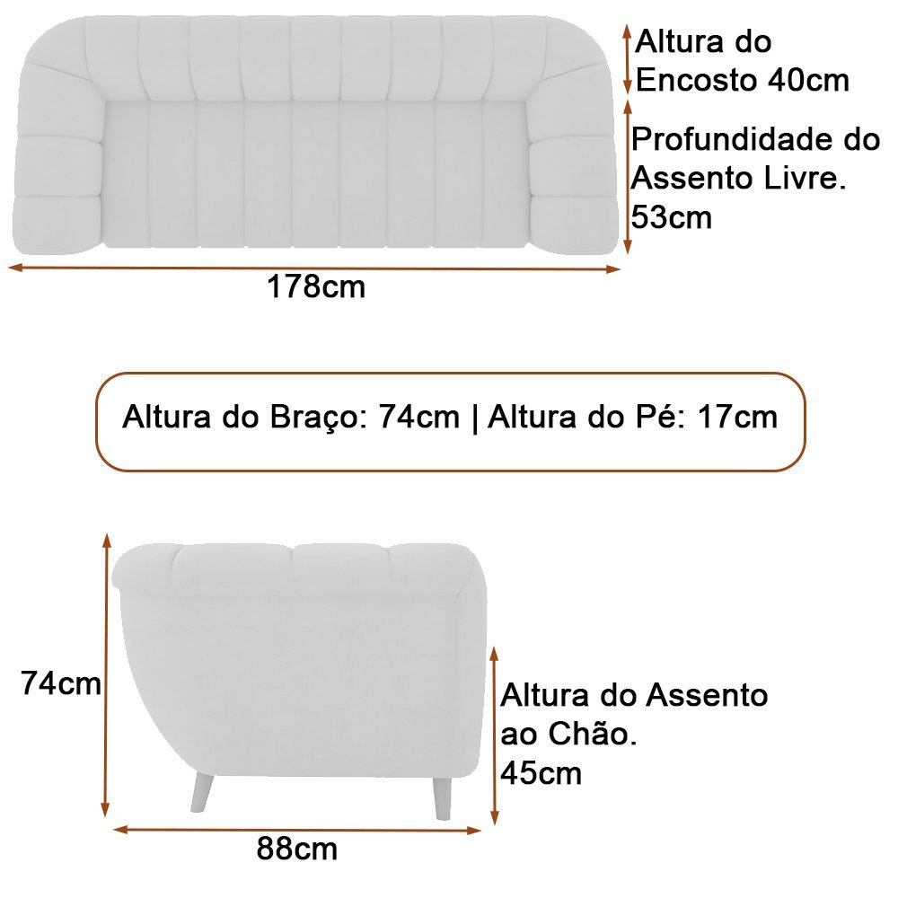 Sofá 2 Lugares 178cm Huskyer Veludo Bege - Sallar Home - 4