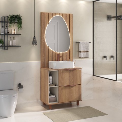Conjunto Lívia 78cm Pés com Painel Ripado e Espelho Orgânico Led - Fabribam Gabinetes
