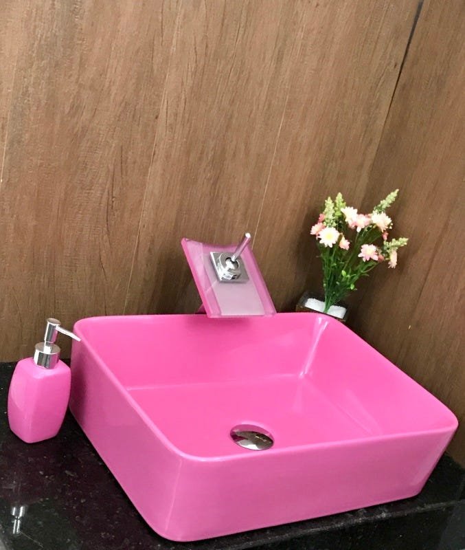 Kit com cuba louça retangular rosa,válvul,torne,sifão e sabo - 2