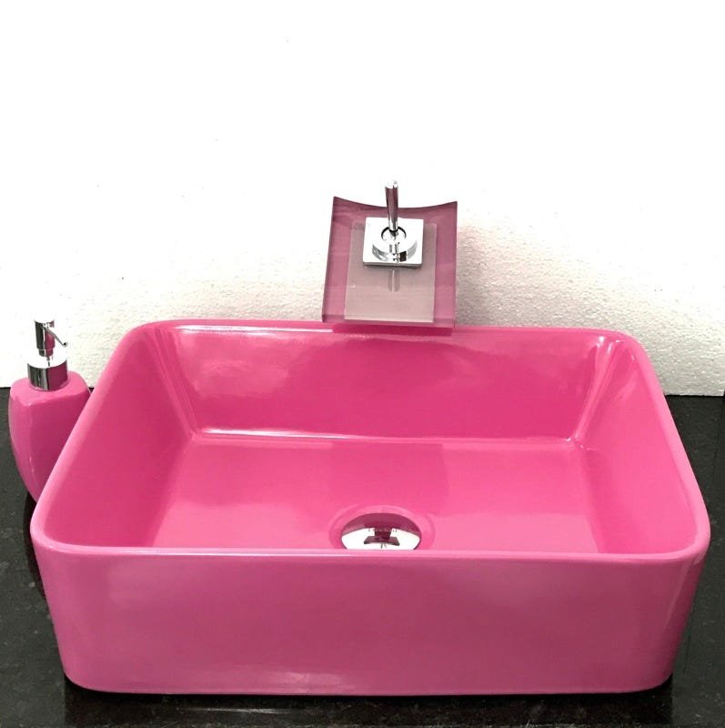 Kit com cuba louça retangular rosa,válvul,torne,sifão e sabo - 1