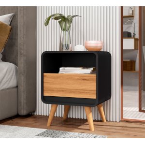 Mesa de Cabeceira Retrô Compacta 1 Gaveta 1 Nicho Channel - Potenza Móveis - Preto com Nature