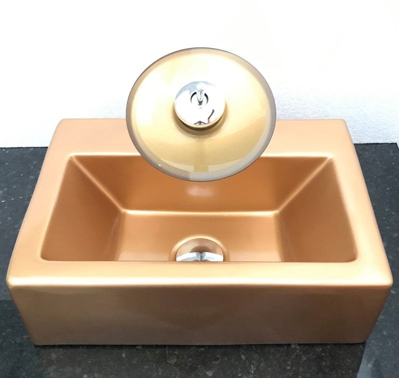 Kit com cuba louça dourada retangular,válvula,torneira - 1