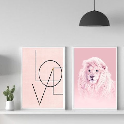 Kit 2 Quadros Decorativos Leão Rosa Love 24x18cm - com vidro:Madeira preta