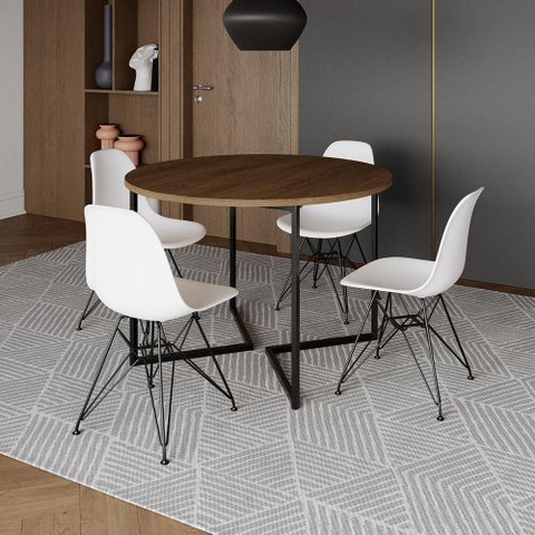 Mesa Industrial Jantar Redonda Amêndoa 110Cm Base V Com 4 Cadeiras Eames Brancas Ferro Preto