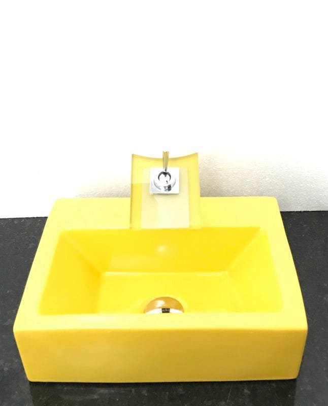 Kit cuba louça amarela retangular apoio,válvula e torneira - 1