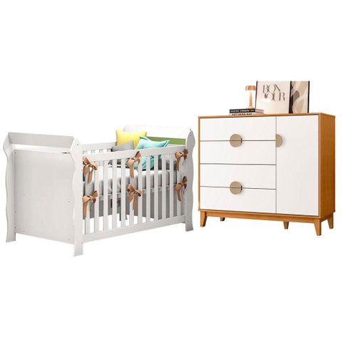 Berço Americano Lara com Cômoda Sapateira Ipe Branco Cinamomo - Móveis Albatroz