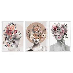 Kit 3 Quadros Decorativo Quarto de Casal 40x60cm Feminino Surreal Flores Moldura Branca - Hugart - 1