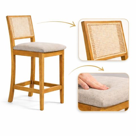 Kit 2 Banquetas Alta Luxos em Tela Sextavadas Assento Estofado Linho Bege Rubi Madeira Maciça Mel
