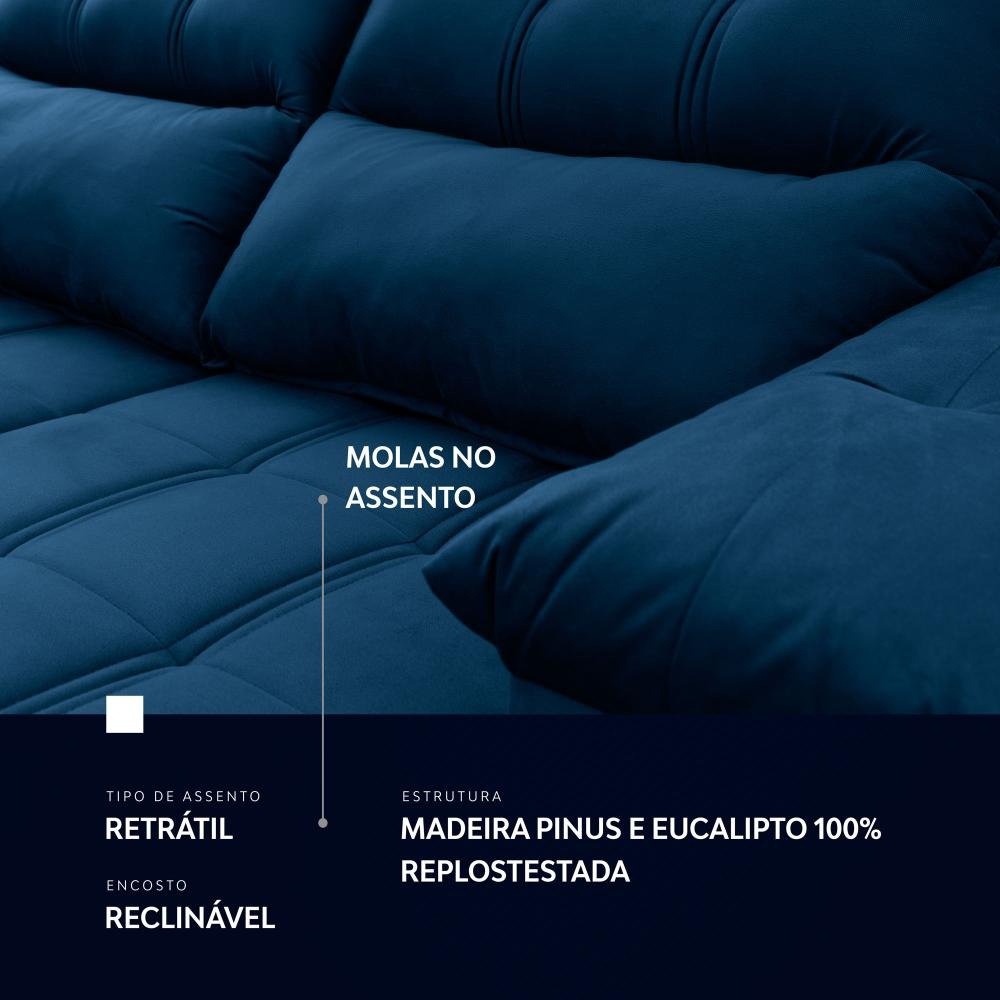Sofá Retrátil/Reclinável Verona 1,80m Suede Velut Azul Marinho c/ Molas no Assento - King House - 8