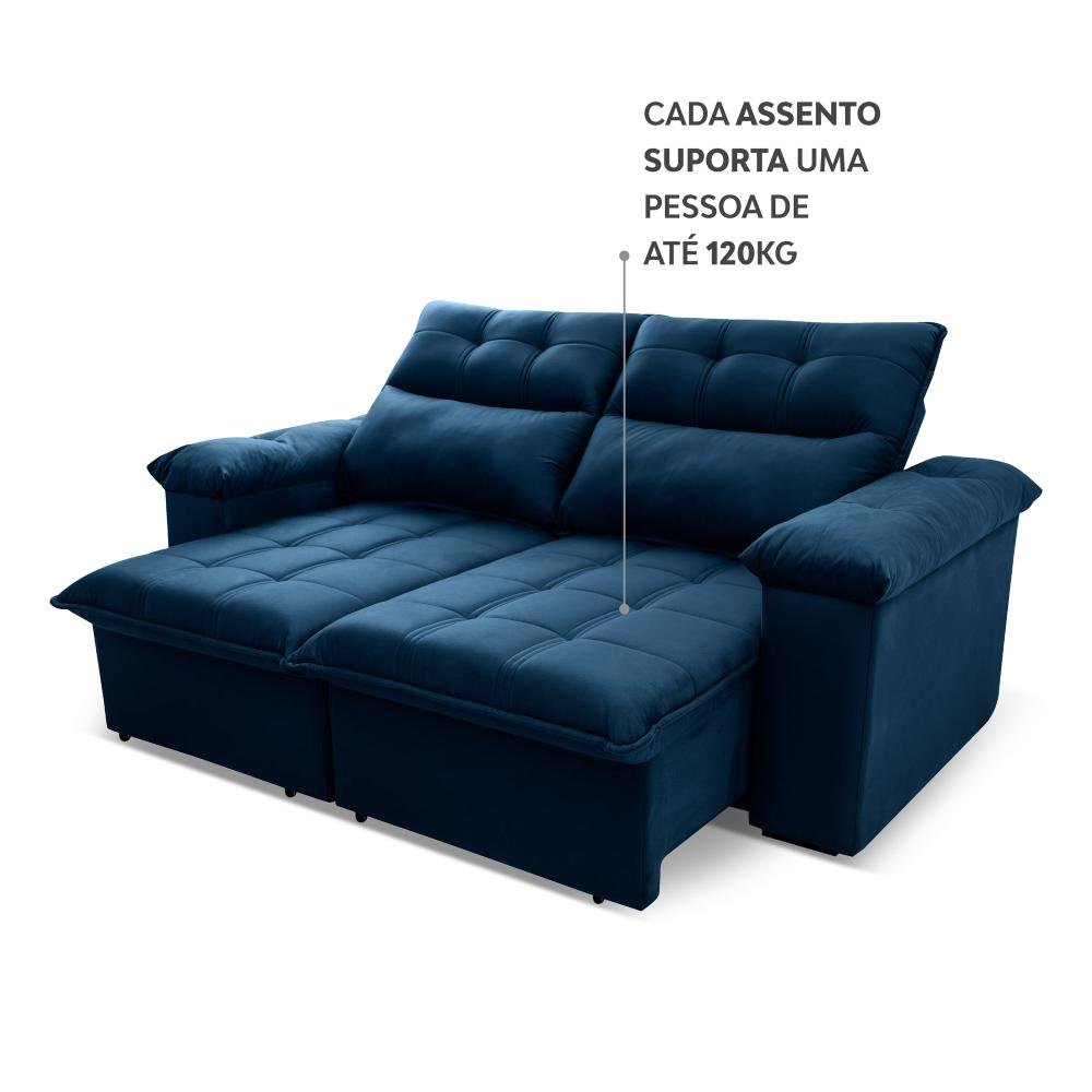 Sofá Retrátil/Reclinável Verona 1,80m Suede Velut Azul Marinho c/ Molas no Assento - King House - 7