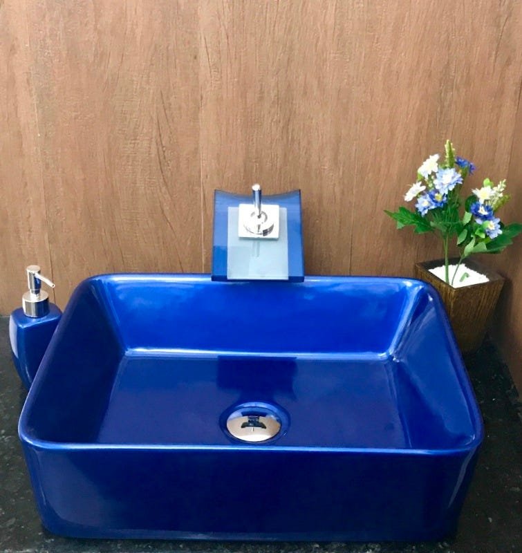 Kit com cuba louça retangular azul,válvu,torneir,sifão e sab - 3