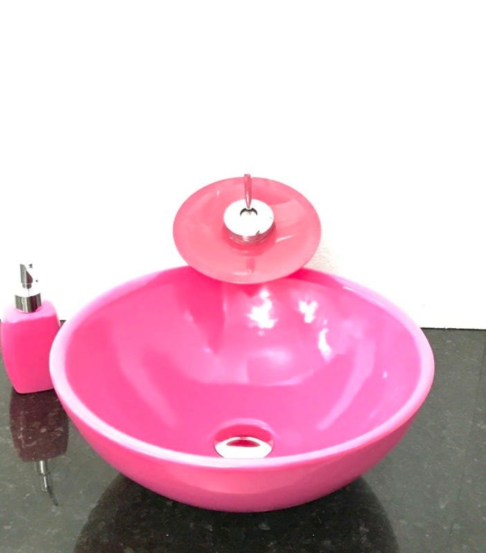 Kit com cuba louça redonda rosa,válvula,torneira,sifão e sab - 1