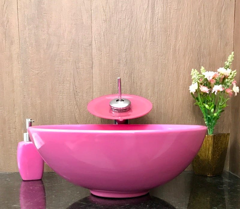 Kit com cuba louça redonda rosa,válvula,torneira,sifão e sab - 6