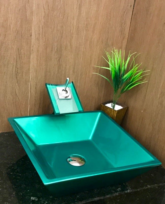 Kit com cuba louça quadrada verde,válvula click e torneira - 3