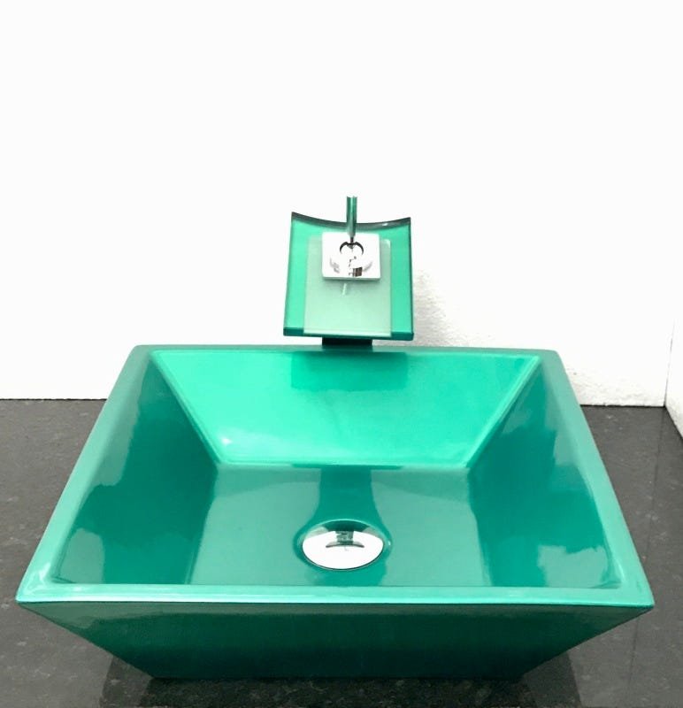 Kit com cuba louça quadrada verde,válvula click e torneira - 1