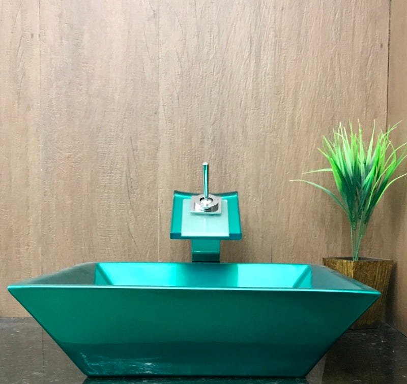 Kit com cuba louça quadrada verde,válvula click e torneira - 6