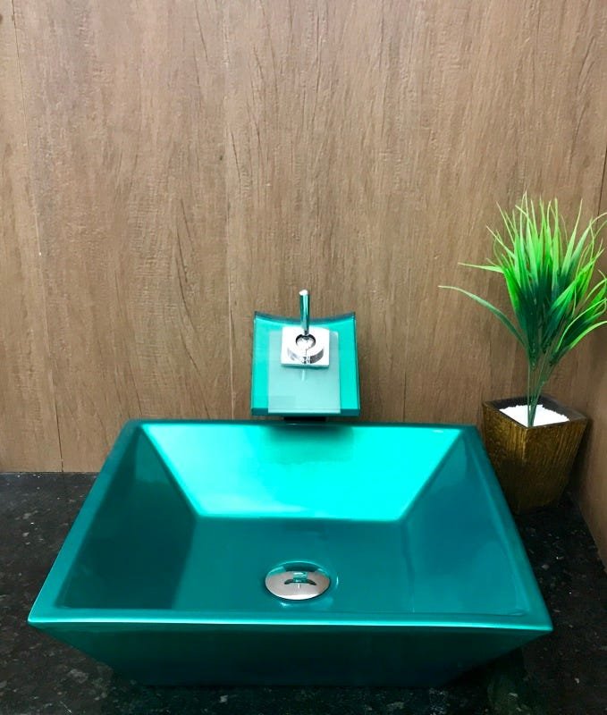 Kit com cuba louça quadrada verde,válvula click e torneira - 5