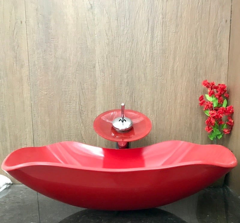 Kit com cuba vidro abaulada vermelha,válvula e torneira - 2